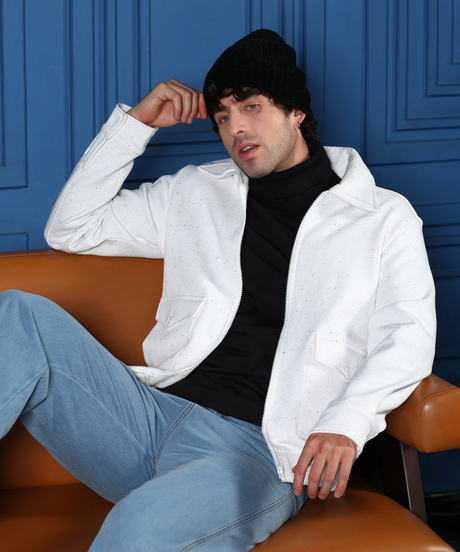 Mens Cream White Zip-Front Knit Jacket