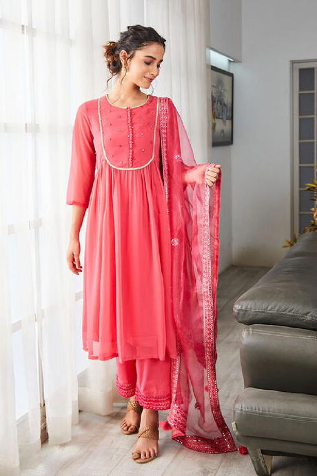 Pink Embroidered Gathered Kurta & Palazzo Suit Set