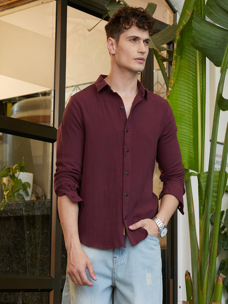 Mens Wine Red Breezy-Weave Shirt
