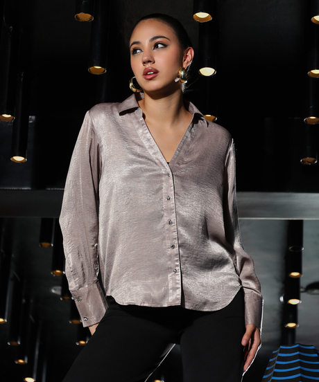 Womens Pastel Lilac Crushed-Satin Tailored Shirt