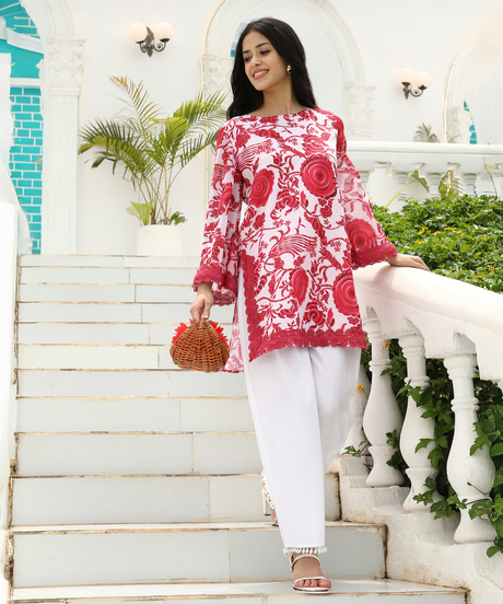 Womens Rose Red Floral-Galleria Kurta Set