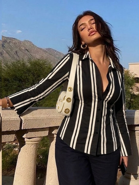 Women Black White Striped Rayon Regular Fit Cut Away Collar Long Sleeve Shirt