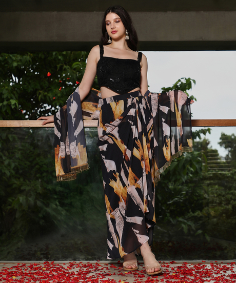 Womens Midnight Black Abstract-Imprint Corset Co-ord Set