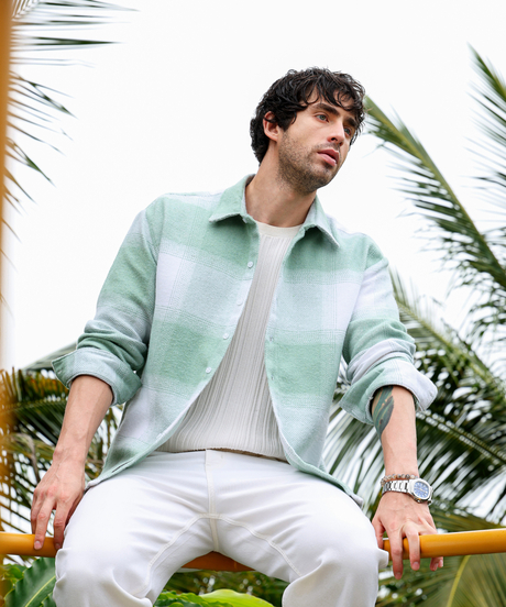 Mens Light Pistachio:Cream White Vignette-Checkered Oversized Shirt