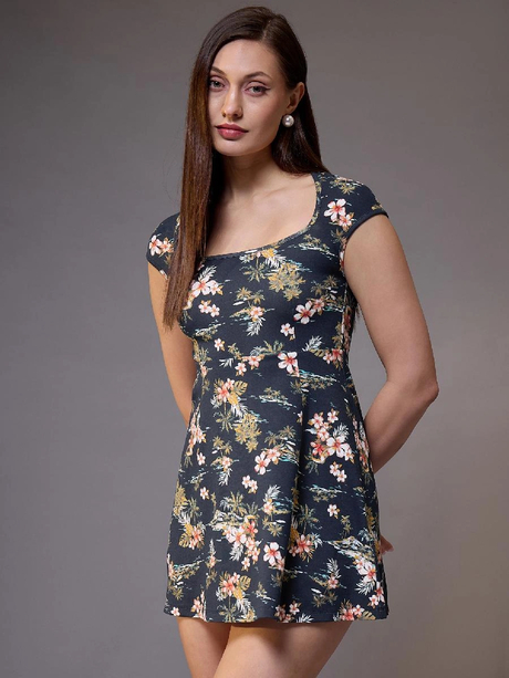 Blue Floral Print A-Line Mini Dress