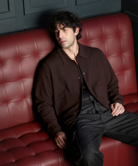 Mens Taupe Brown Crease-Tactile Panelled Jacket