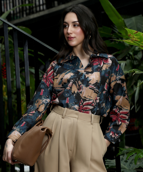 Womens Emerald Green & Khaki Beige Artistic-Flowers Oversized Shirt