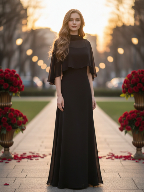 Black Maxi Dress with Cape for Women