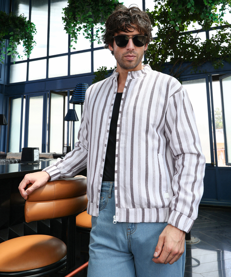 Mens Chocolate Brown & Chalk White Striped-Dobby Bomber Jacket