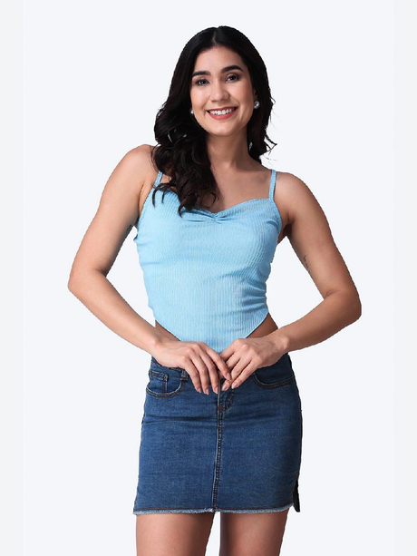 Popwings Women Casual Sky Blue Strap Hankie Crop Top