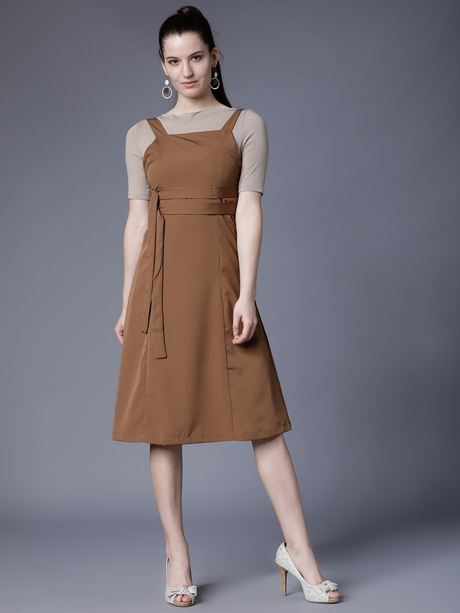 Brown Satin Fit and Flare Dress