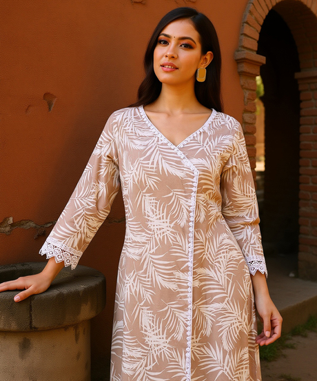 Womens Saltbox Beige Soft Fern Kurta With Trousers