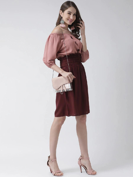Women Rose & Maroon Colourblocked Blouson Dress