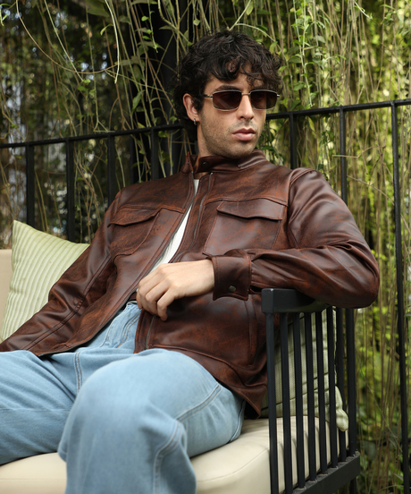 Mens Teddy Brown Dye Utility-Twill Rider Jacket