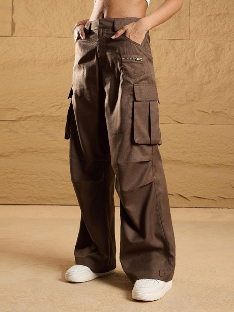 Brown Side Pockets Parachute Korean Cargo Pants