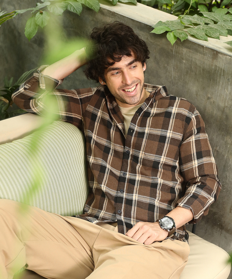 Mens Mocha Brown Button-Down Ombre-Plaid Shirt