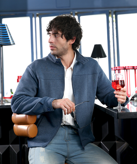 Mens Indigo Blue Panel-Stitch Knit Jacket