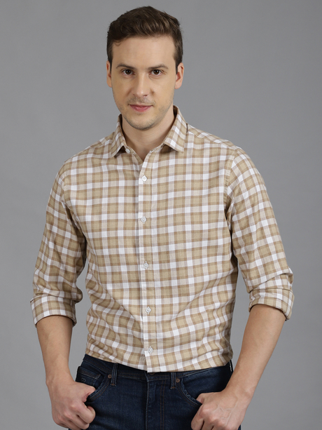Beige and White Checkered Pattern Slim Fit Full Sleeve Shirt 