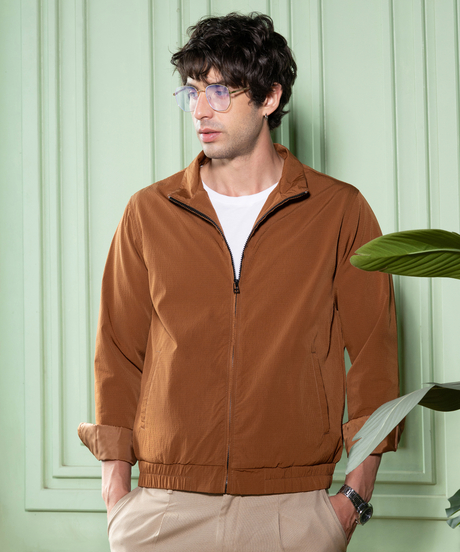 Mens Brick Brown Solid-Textured Bomber Jacket