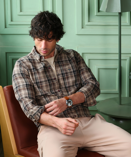 Mens Coffee Brown Button-Down Gradient-Plaid Shirt