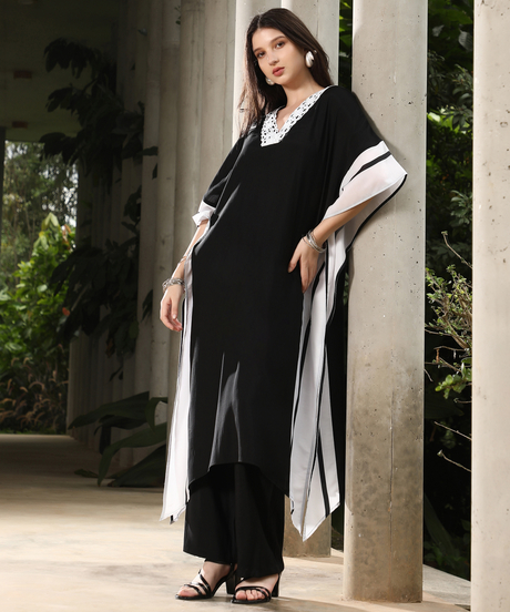 Womens Midnight Black Panel-Striped Kaftan Kurta Set