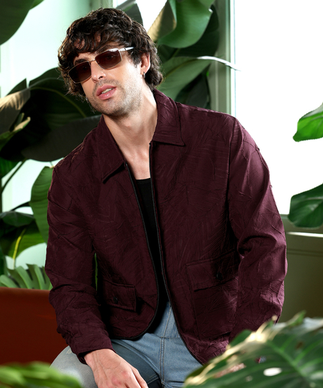 Mens Wine Red Zip-Front Foliage-Tactile Bomber Jacket