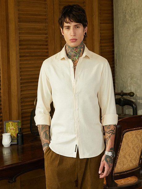 Campus Sutra Mens Cream White Slanted-Trough Shirt