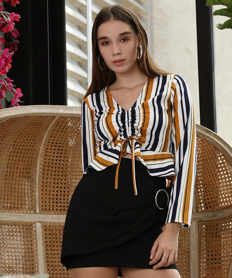 Womens Mustard Yellow & Navy Blue Multitrack Ruched Top