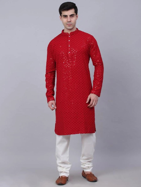 Men Maroon Chikankari Embroidered and Sequence Kurta with Churidar