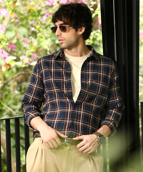 Mens Navy Blue Button-Down Tartan-Plaid Shirt