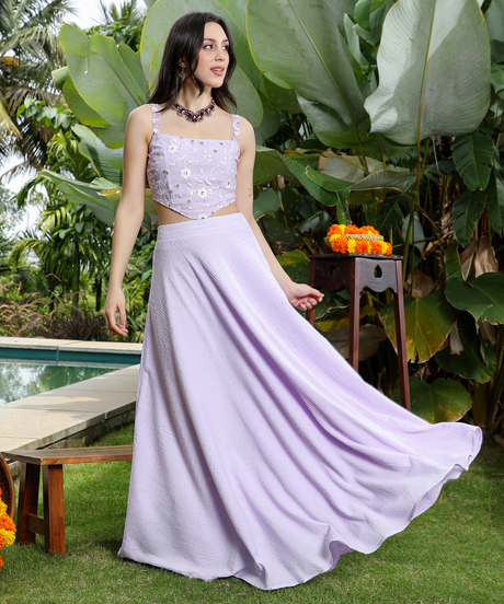 Womens Lilac Purple Embroidered-Flora Textured Co-Ord Set