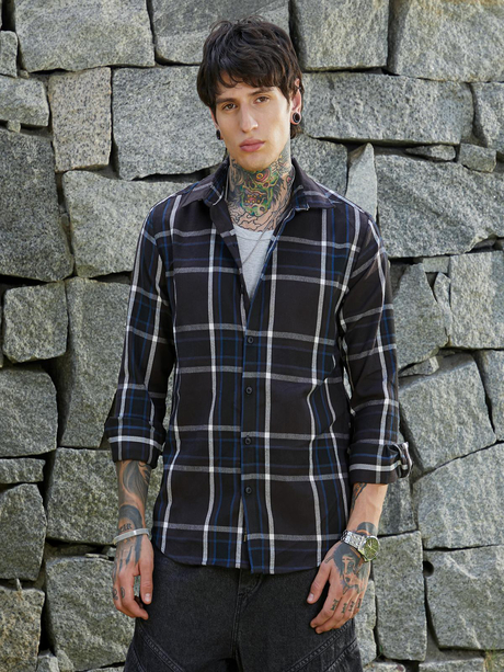 Mens Charcoal Grey Dark-Plaid Relaxed Shirt