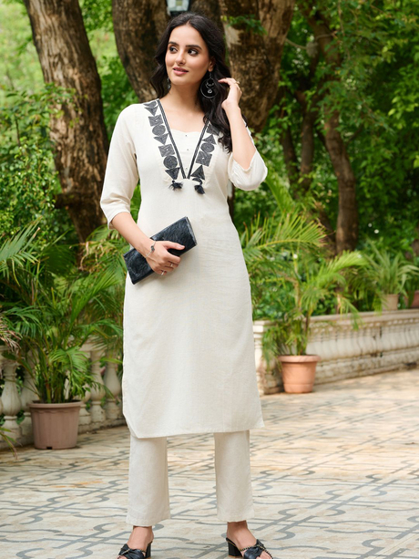 Beige Geometry Embroidered Cotton Flex Kurta Set