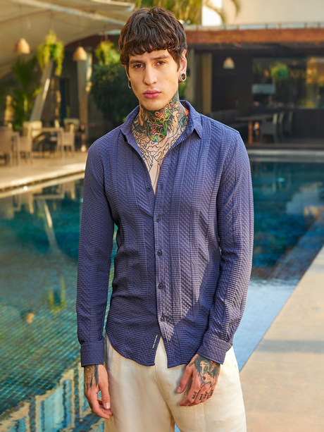 Mens Berry Blue Parallel-Check Tactile Shirt