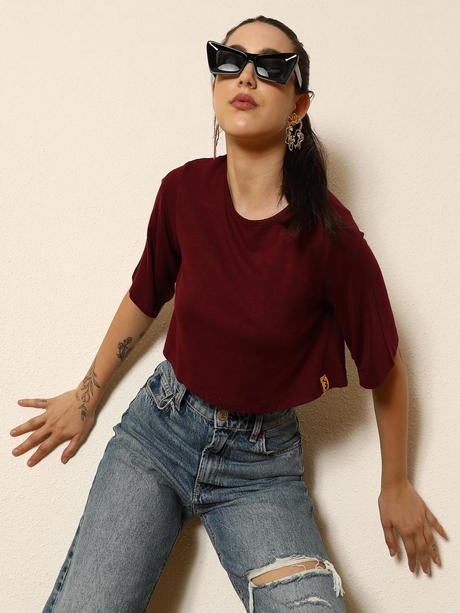 Womens Solid Maroon Boxy Top