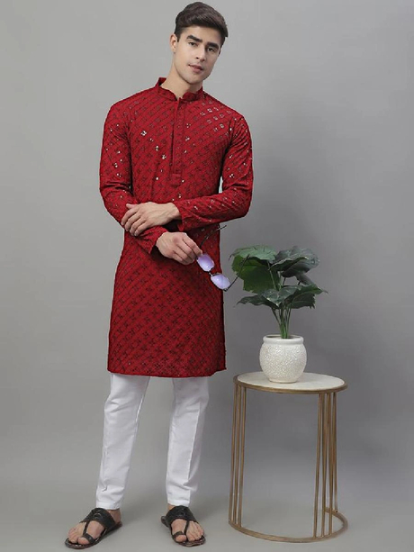 Mens Maroon Chikankari Embroidered and Sequence Kurta with Pyjama.