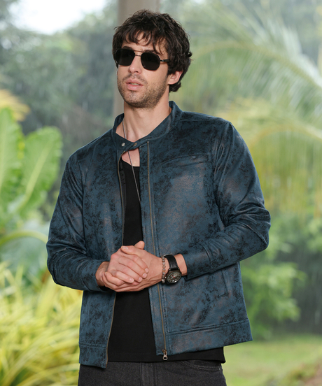 Mens Midnight Blue Embossed-Suede Rider Jacket