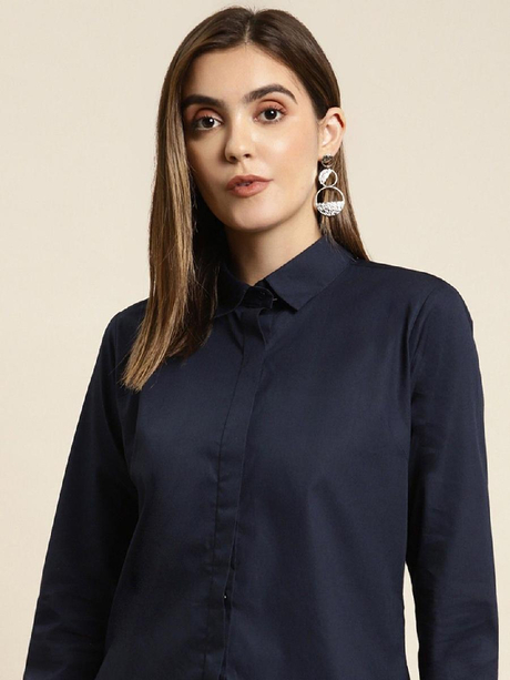 Hancock Women Navy Solid Pure Cotton Regular Fit Formal Shirt