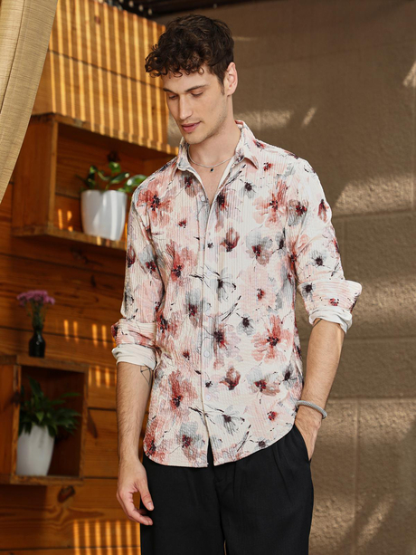 Mens Off-White & Terracotta Brown Stained-Flora Shirt