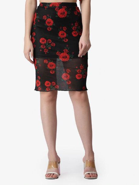 Popwings Women Black & Red Floral Printed Pencil Skirt