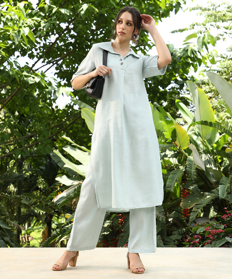 Womens Powder Blue Solid Linen-Blend Kurta Set