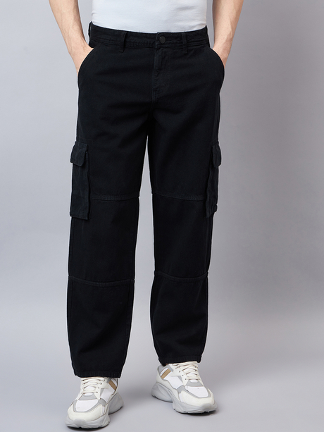Men Black Relaxed Fit Mid Rise Cargos