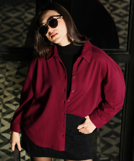 Womens Cherry Red Canvas-Jacquard Oversized Shirt
