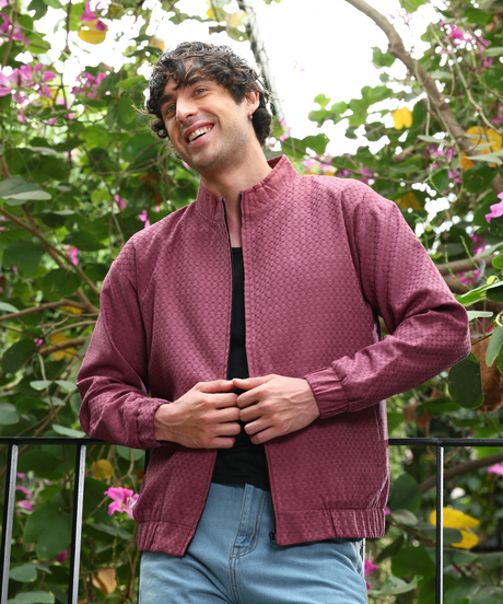 Mens Wine Red Gridveil-Jacquard Bomber Jacket