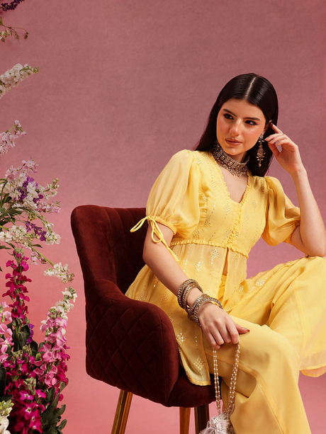 indo street Ethnic Motifs Embroidered V-Neck Sequinned Straight Kurta With Palazzos