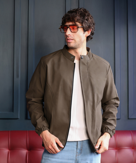 Mens Mocha Brown Coated Panel-Stitch Rider Jacket