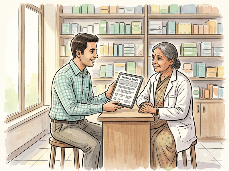 Pharmaceutical sales representative reviewing product information at a chemist counter