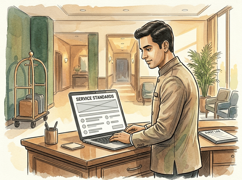 Hotel front-desk associate working at a laptop in a lobby