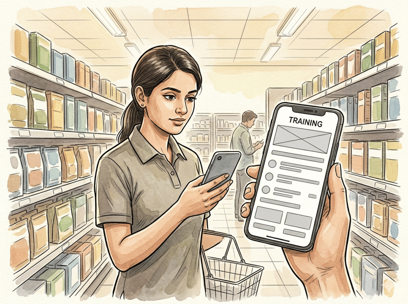 Retail store associate using smartphone for training in-store