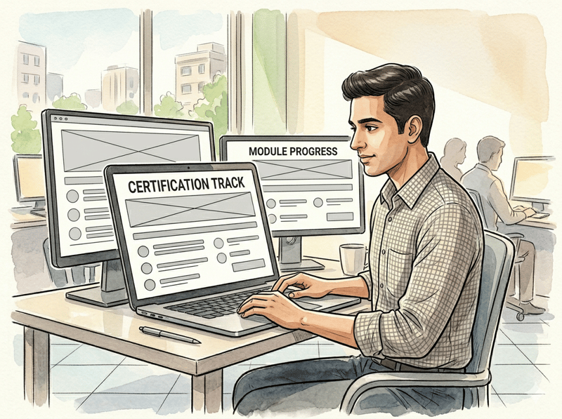 Software consultant working at dual monitors in a modern office